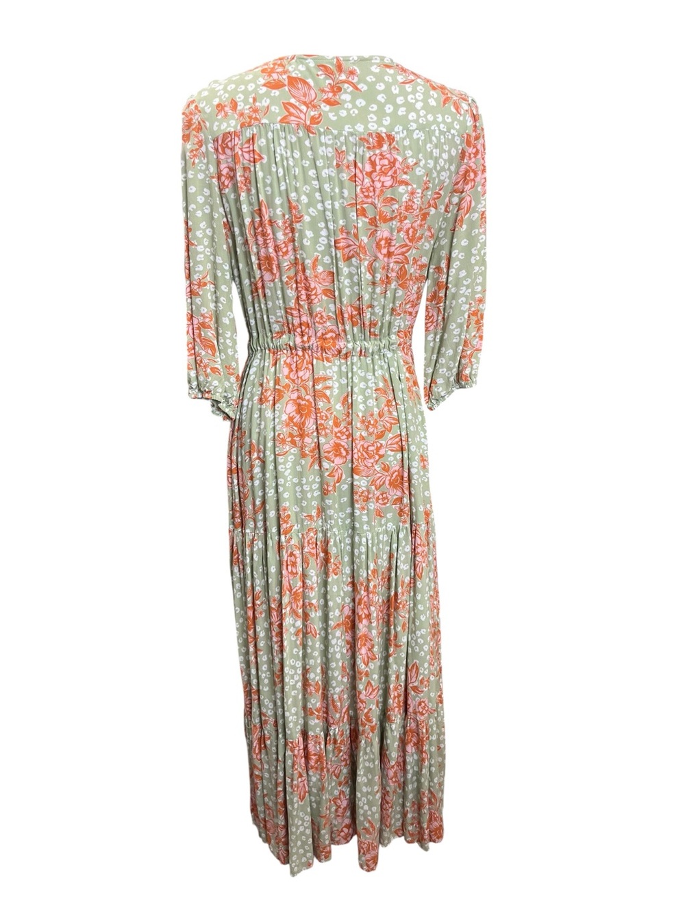 Abel The Label Floral Maxi Dress Medium Green Boho Tiered Rayon V Neck - Picture 5 of 12